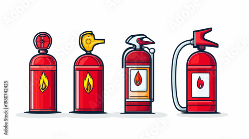 Four red cartoon fire extinguishers with varying designs and fire icons on them