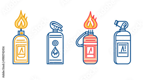 Four stylized fire extinguishers, diverse designs, featuring flames in yellow and red hues