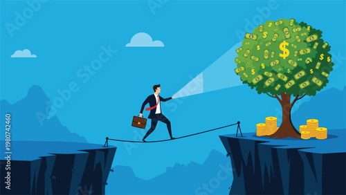 Determined businessman walks carefully on a tightrope over a high cliff to reach a tree full of money and gold coins.