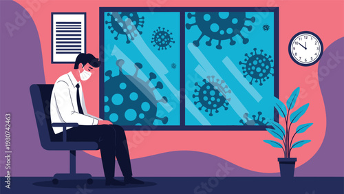 Worried businessman wearing medical mask sits in an empty office while coronavirus germs float outside the window.