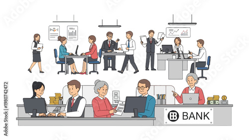 Banking in Action: Inside a bustling financial institution, professionals engage in diverse tasks, fostering an environment of efficiency and client service.
