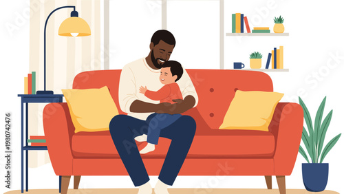 Loving father sitting on a comfortable red sofa embraces his happy young son in a cozy living room environment.