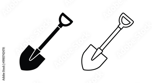 Two black and white illustrations depict a shovel in different orientations