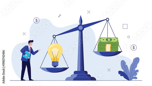 Professional man evaluates the worth of a creative idea by weighing a bright lightbulb against a large stack of money.