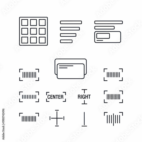 Collection of grid layouts, alignment guides, and UI wireframe icons for design mockups.