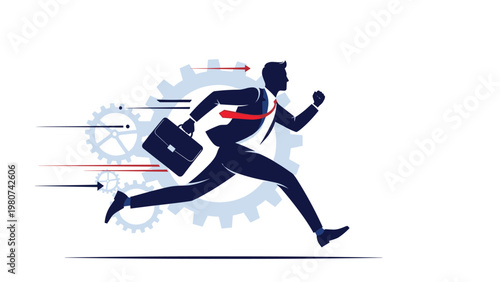 Dynamic silhouette of a businessman running quickly with a briefcase in front of large turning industrial gears.