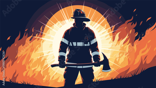 Brave firefighter stands in silhouette holding a heavy axe with a glowing sun and raging flames in the background.