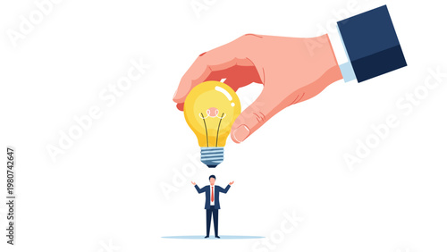 Large hand lowers a glowing yellow lightbulb toward a small businessman who reaches up to receive the new idea.