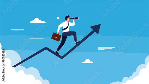 Ambitious businessman walks up a steep rising stock market arrow while searching the horizon with a telescope.
