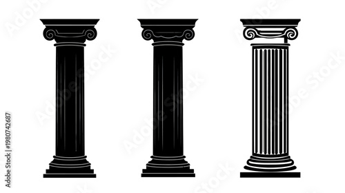Three black and white renderings of classical columns, featuring ornate capitals and bases