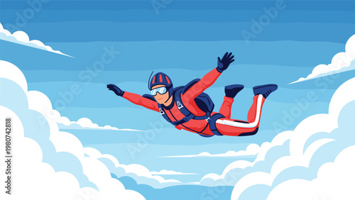 Brave skydiver in a red suit and helmet glides gracefully through a bright blue sky filled with white fluffy clouds.