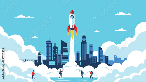 Powerful rocket blasts off from the center of a modern city into a blue sky as several people watch from below.