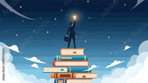 Ambitious businessman standing on top of a tall stack of colorful books reaches up to touch a bright star in the night sky.