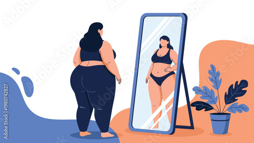 Plus-size woman looks into a full-length mirror and sees a reflection of herself with a much thinner physique.