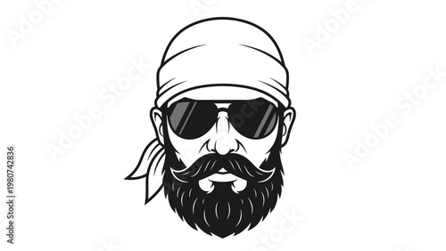 Stylized black and white portrait of a rugged man with a thick beard wearing dark sunglasses and a tied bandana.