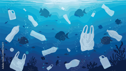 Underwater ocean scene showing various fish swimming among a large amount of plastic bottles and bags floating in the sea.