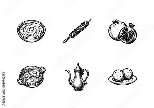 Middle Eastern Food and Arabic Cuisine Dishes with Bold Hand-Drawn Ink Brush Strokes and Organic Painterly Textures