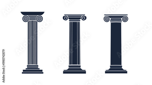 Three stylized, dark blue classical columns with different details, set against a white backdrop