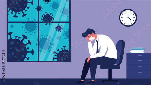 Exhausted office worker wearing a face mask sits at his desk with his head in his hand while virus particles float outside.
