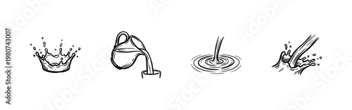 Liquid Splashes and Pouring Milk Stream Elements with Fluid Ink Brush Strokes and Hand-Drawn Painterly Style