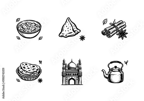 Indian Cuisine and Cultural Landmarks with Hand-Drawn Inky Brushwork and Traditional Artistic Textures