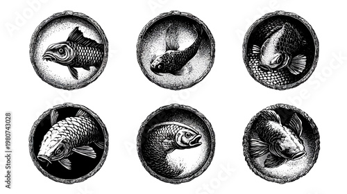 Six monochromatic illustrations of various fish in ornate, circular, textured frames