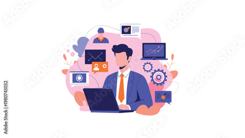 Professional businessman works on laptop while surrounded by various digital marketing icons and business productivity symbols.