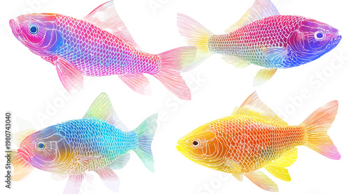 Four colorful, digital art fish isolated on a white background, water color texture