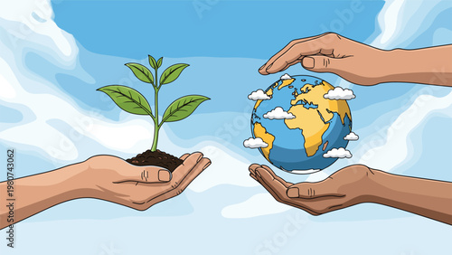 Human hands gently hold a small green sprout and a globe representing environmental protection and global ecological sustainability.