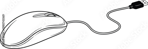 Hand Drawn Vector Illustration of a Wired Computer Mouse with USB Cable Isolated on White Background for Technology and Office Design