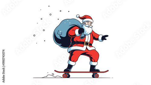 Happy santa claus rides a red skateboard while carrying a large blue sack full of christmas gifts through a winter snow scene.