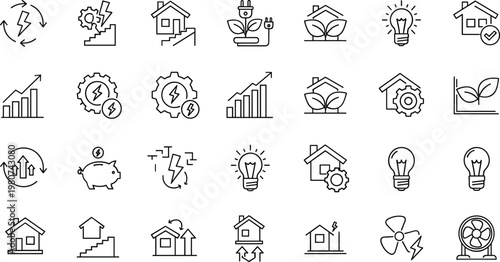 Smart home energy efficiency line icon set with renewable power savings growth charts sustainability technology outline vector collection