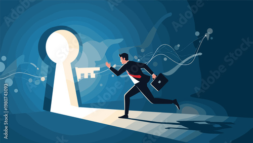 Ambitious businessman in a suit runs towards a bright keyhole shaped light representing success and finding new career opportunities.