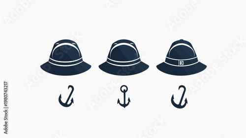 Three matching dark navy hats above three unique anchors