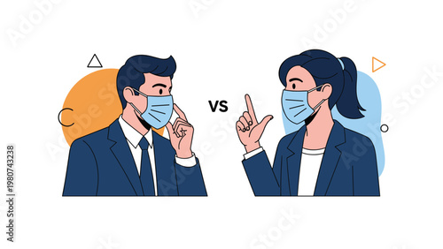 Businessman and businesswoman wearing blue medical face masks look at each other while communicating in a professional office environment.