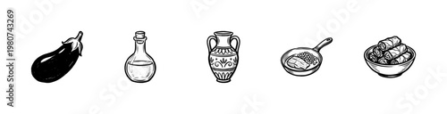 Greek Cuisine and Mediterranean Food Ingredients in Hand-Drawn Inky Brushwork Style