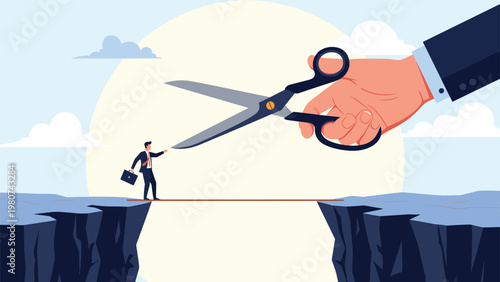 Giant hand uses a pair of scissors to cut a tightrope that a small businessman is walking on representing sabotage and workplace challenges.