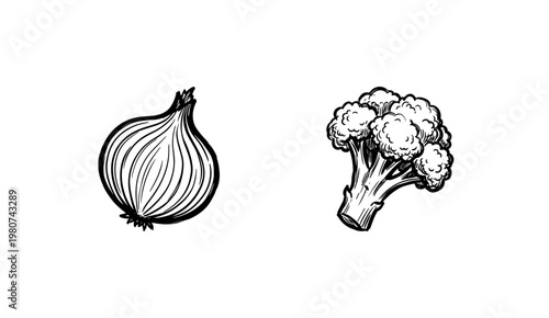 Kitchen Utensils and Healthy Cooking Ingredients with Fluid Ink Brush Strokes in Hand-Drawn Painterly Style