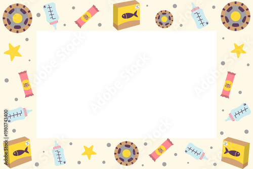 Summer pet treats and snacks frame with copy space for text. Playful flat design vector background for animal bakery and pet food storage marketing