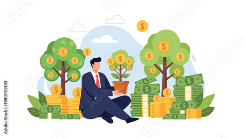 Wealthy businessman sits comfortably surrounded by a money tree in a pot and large stacks of dollar bills representing financial success.