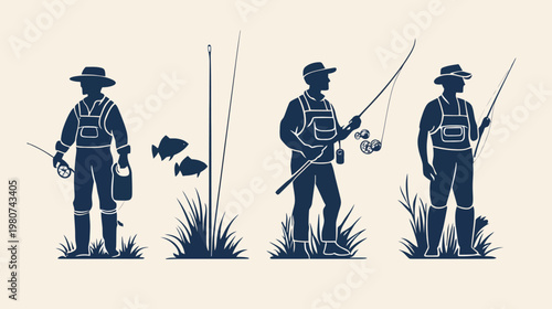 Silhouetted figures of anglers stand amid grass, fishing rods held, against a tan background