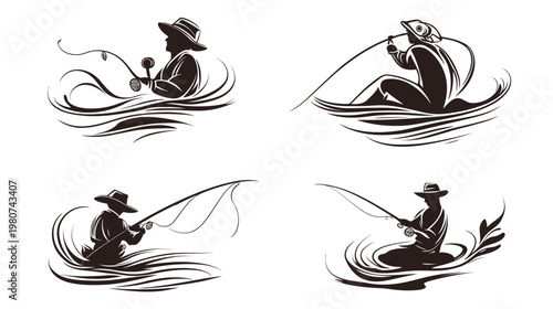 Four silhouettes of people fishing in water with rods on a white background