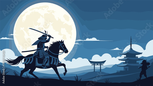 Noble samurai on a black horse stands under a giant full moon near a traditional pagoda and torii gate in a nighttime landscape.