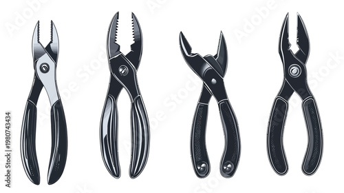 Four different types of steel pliers arranged in a row, isolated on a white background