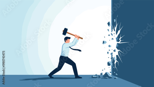 Determined businessman in a shirt and tie uses a large sledgehammer to break through a thick wall representing overcoming obstacles and success.