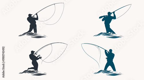 Four silhouettes show fishing figures casting lines in water against a neutral background