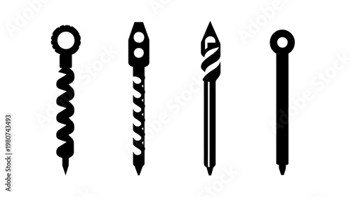 Four tool silhouettes; two corkscrews, one drill bit and one straight pin, black on white