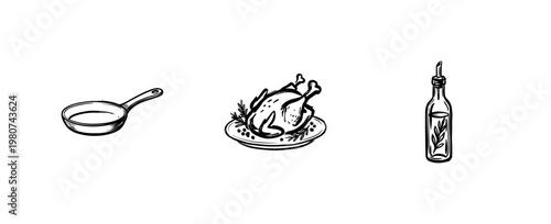 Kitchen Utensils and Gourmet Cooking Ingredients with Inky Brushwork and Hand-Drawn Painterly Aesthetic