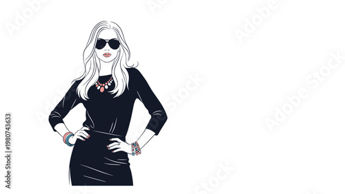 Fashionable blonde woman in a stylish black dress wearing sunglasses and accessories posing elegantly against a clean white background.
