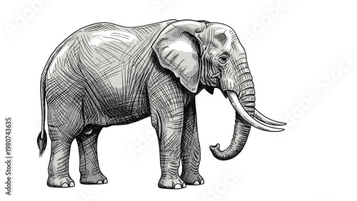 Elegant black and white hand-drawn engraving of a large African elephant standing with tusks on a plain white background for wildlife design.